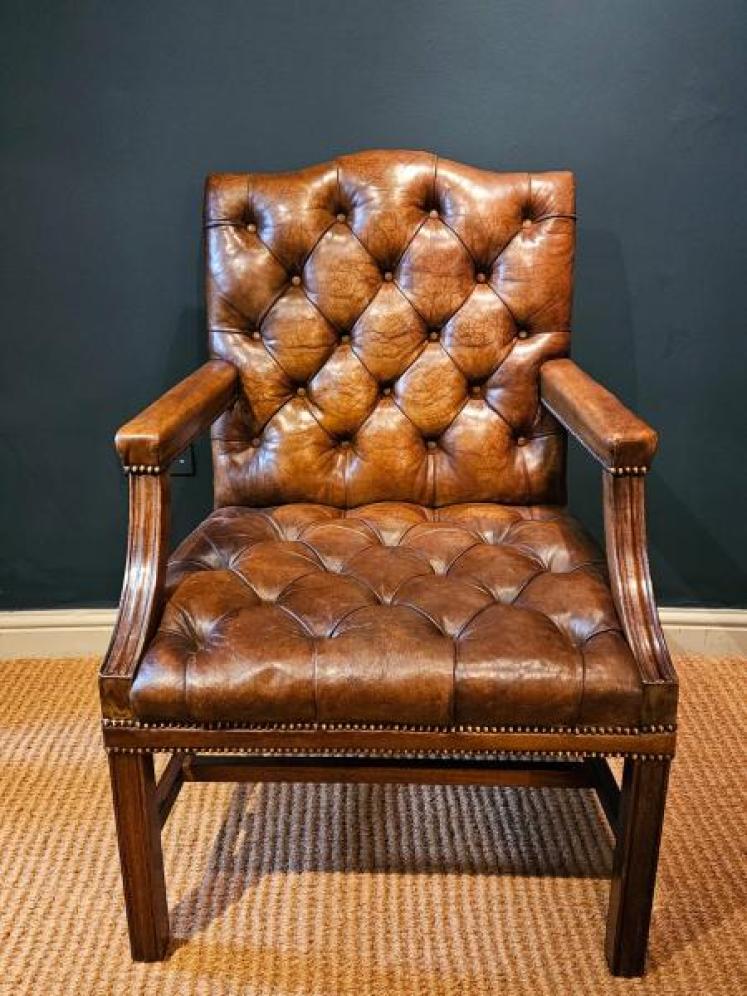 Late Victorian Gainsborough Chair with Original Leather Upholstery - Image 3