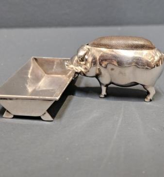 Rare Silver Pig and Trough Pin Cushion and Needle Tray