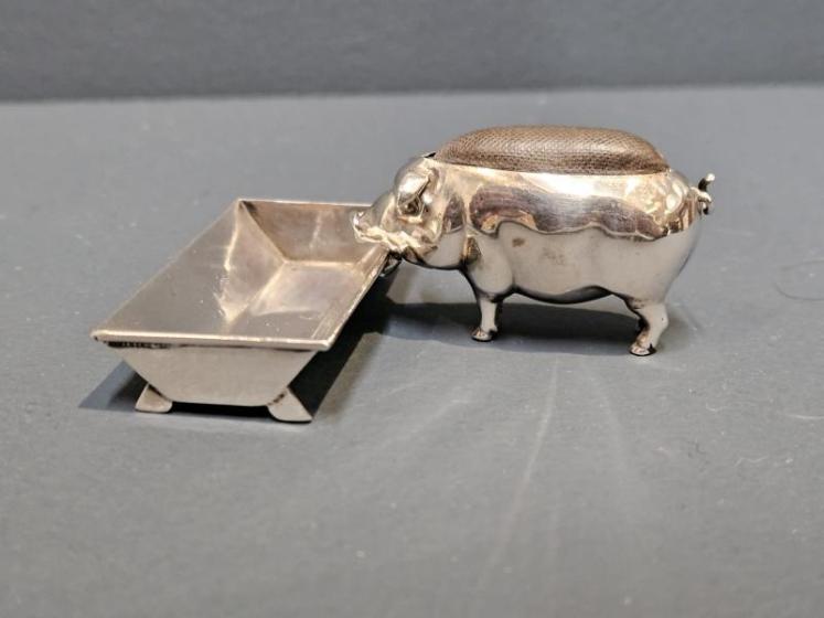 Rare Silver Pig and Trough Pin Cushion and Needle Tray - Image 1