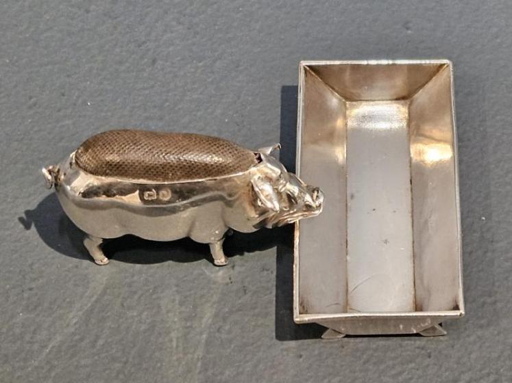 Rare Silver Pig and Trough Pin Cushion and Needle Tray - Image 2