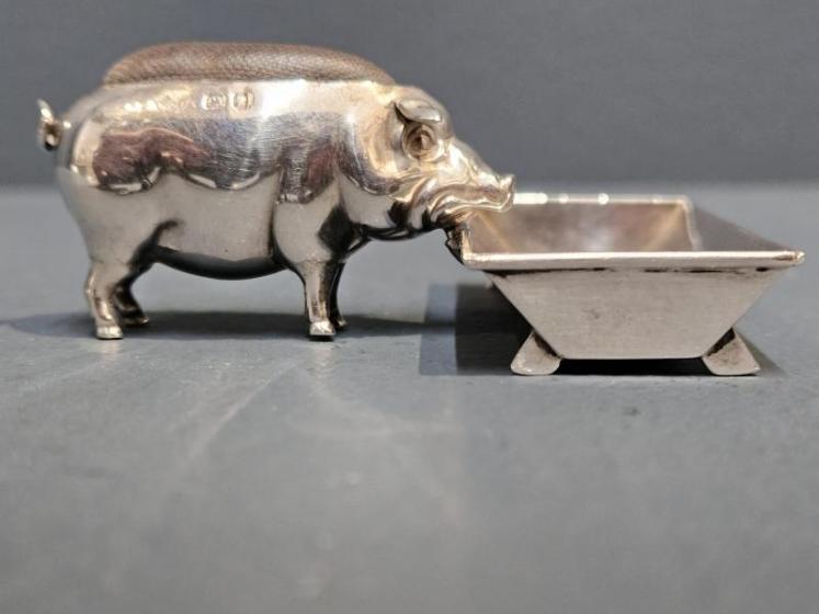 Rare Silver Pig and Trough Pin Cushion and Needle Tray - Image 4