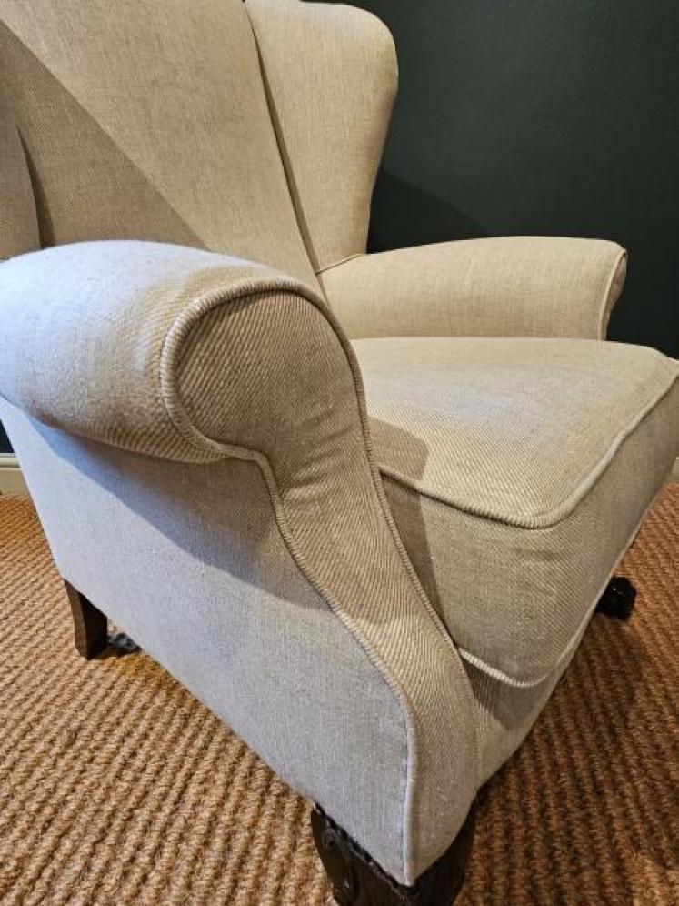 Edwardian Cream Linen Wing Back Arm Chair - Image 6