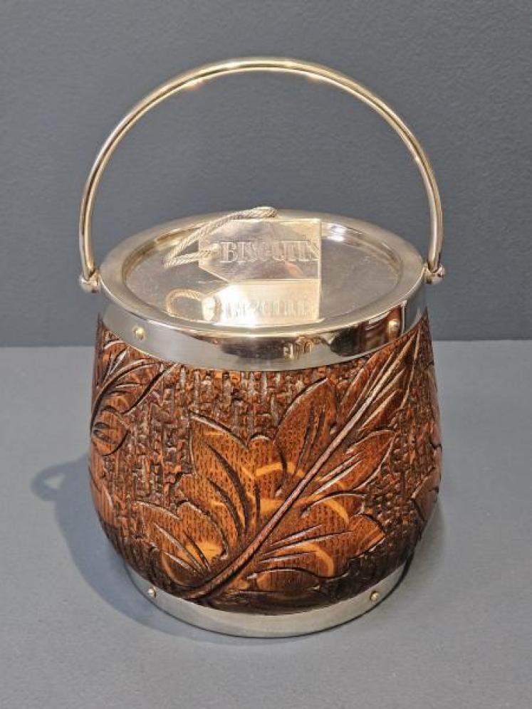 Edwardian Carved Oak and Silver Plated Biscuit Barrel - Image 1