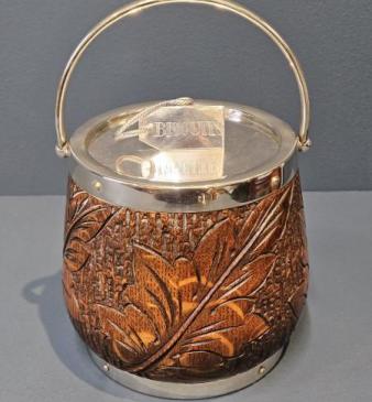 Edwardian Carved Oak and Silver Plated Biscuit Barrel