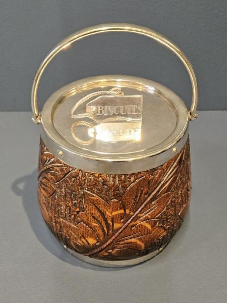 Edwardian Carved Oak and Silver Plated Biscuit Barrel - Image 2