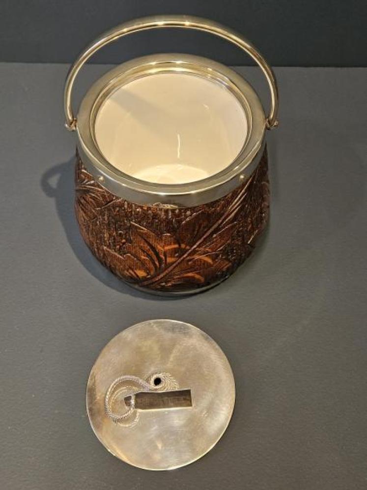 Edwardian Carved Oak and Silver Plated Biscuit Barrel - Image 4