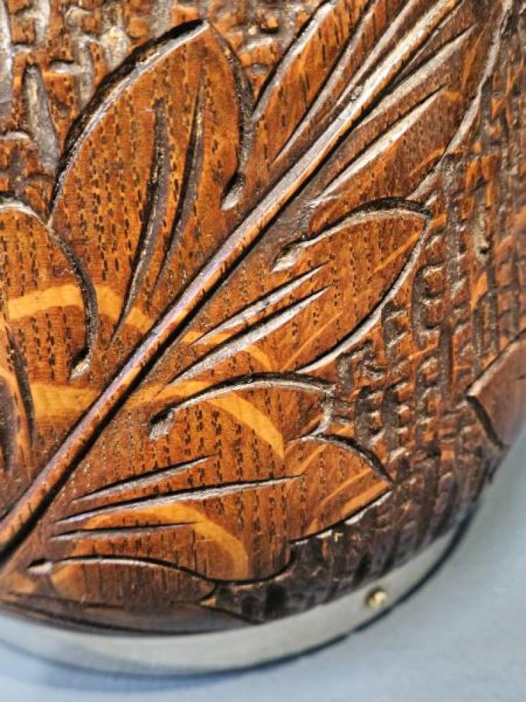 Edwardian Carved Oak and Silver Plated Biscuit Barrel - Image 5
