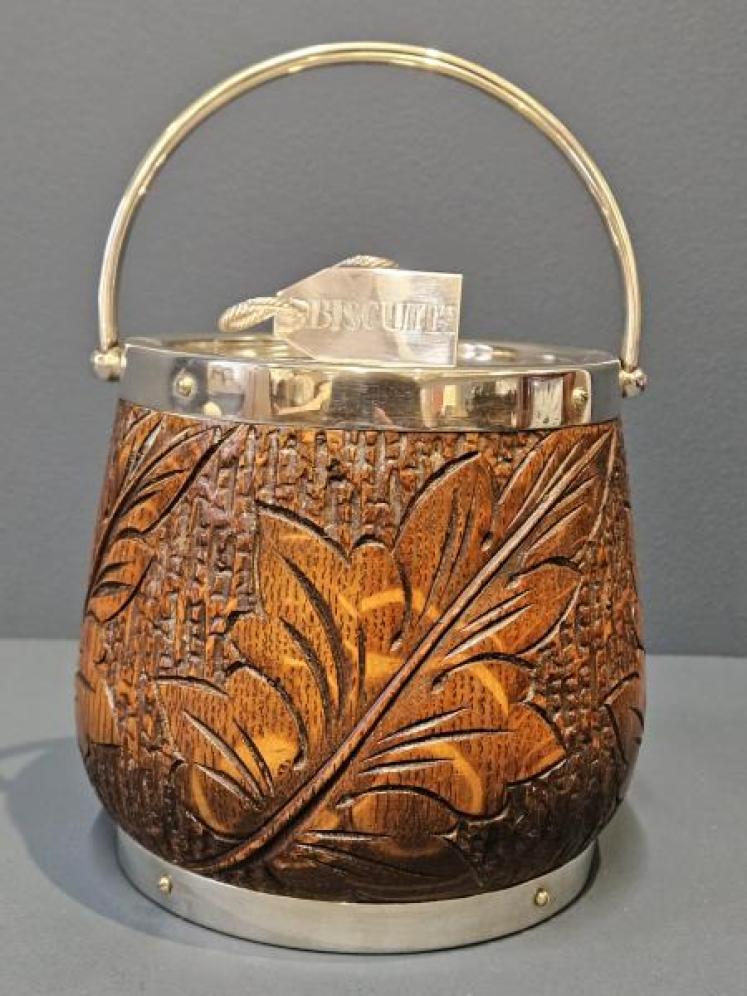 Edwardian Carved Oak and Silver Plated Biscuit Barrel - Image 6