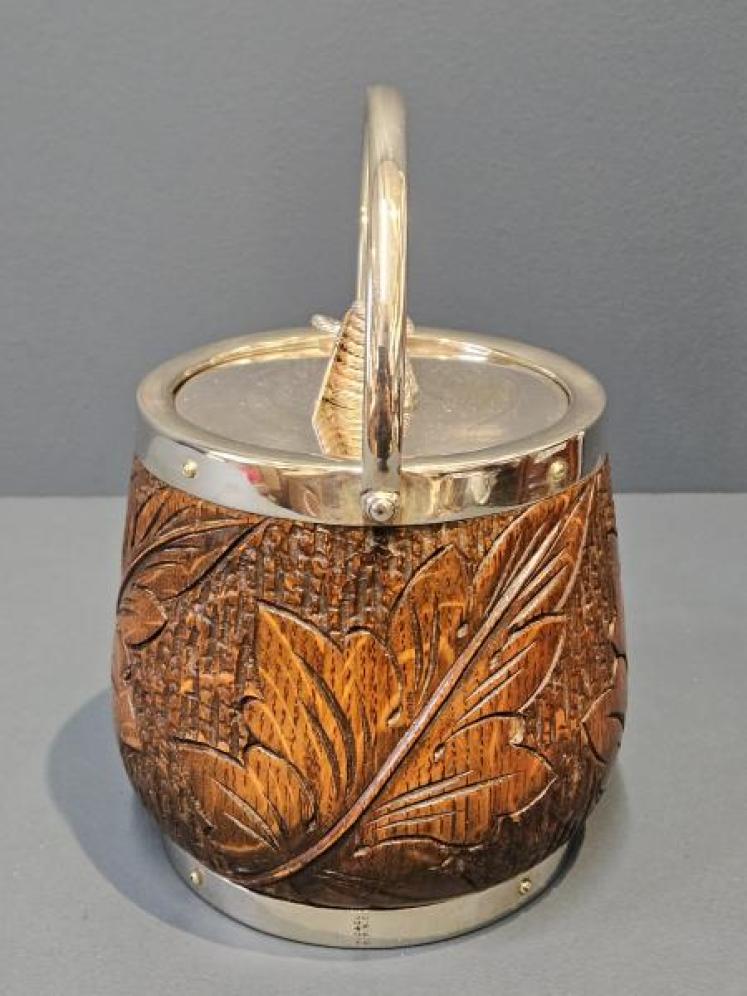 Edwardian Carved Oak and Silver Plated Biscuit Barrel - Image 7