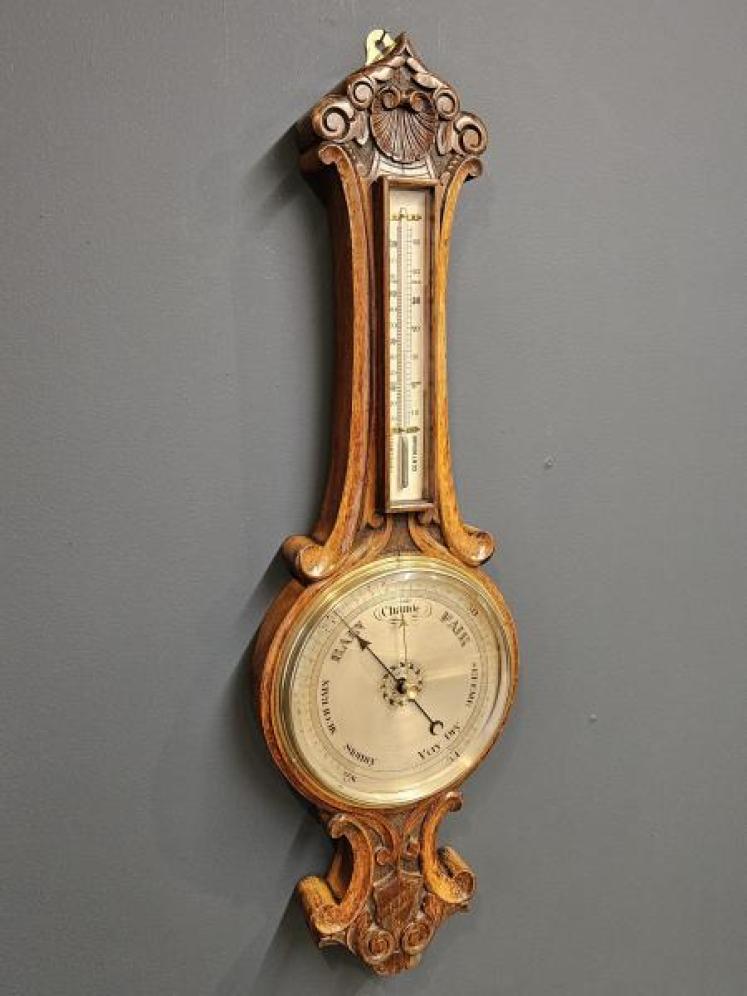 Victorian Carved Oak Silvered Dial Banjo Barometer - Image 2
