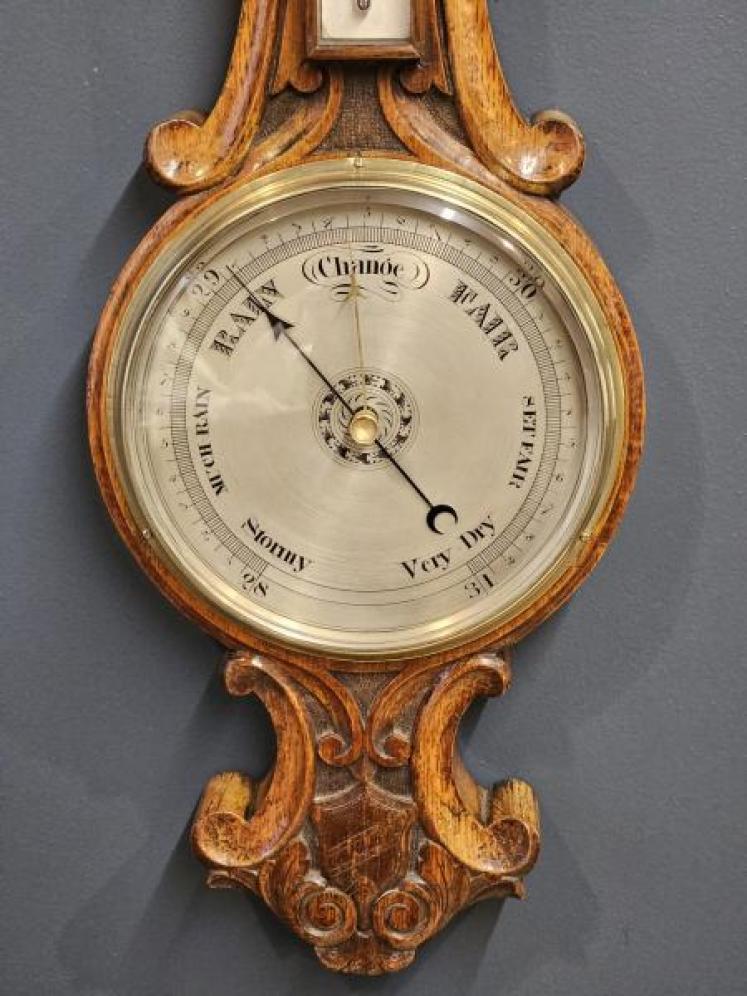 Victorian Carved Oak Silvered Dial Banjo Barometer - Image 3