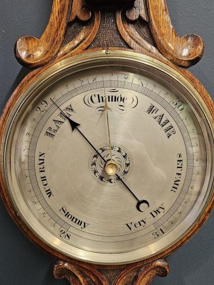 Victorian Carved Oak Silvered Dial Banjo Barometer - Image 4