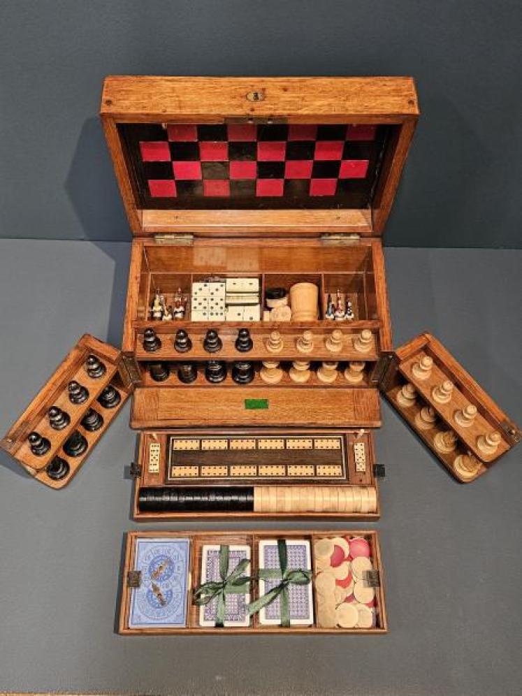Edwardian Oak Cased Games Compendium and Contents - Image 1