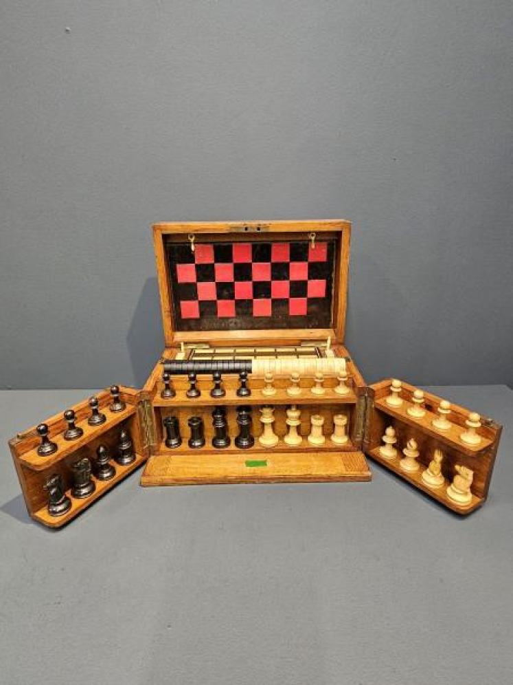Edwardian Oak Cased Games Compendium and Contents - Image 2