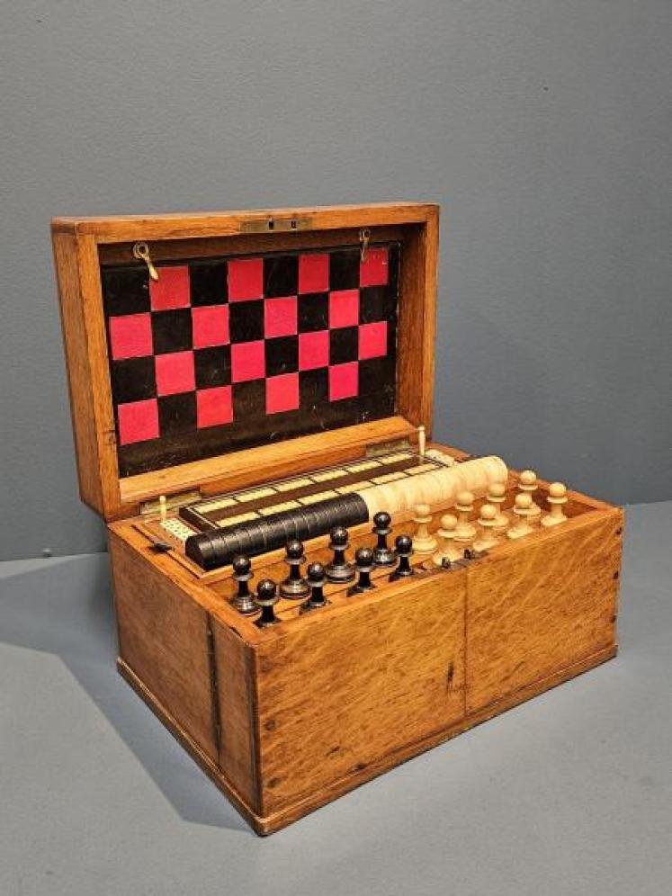 Edwardian Oak Cased Games Compendium and Contents - Image 6