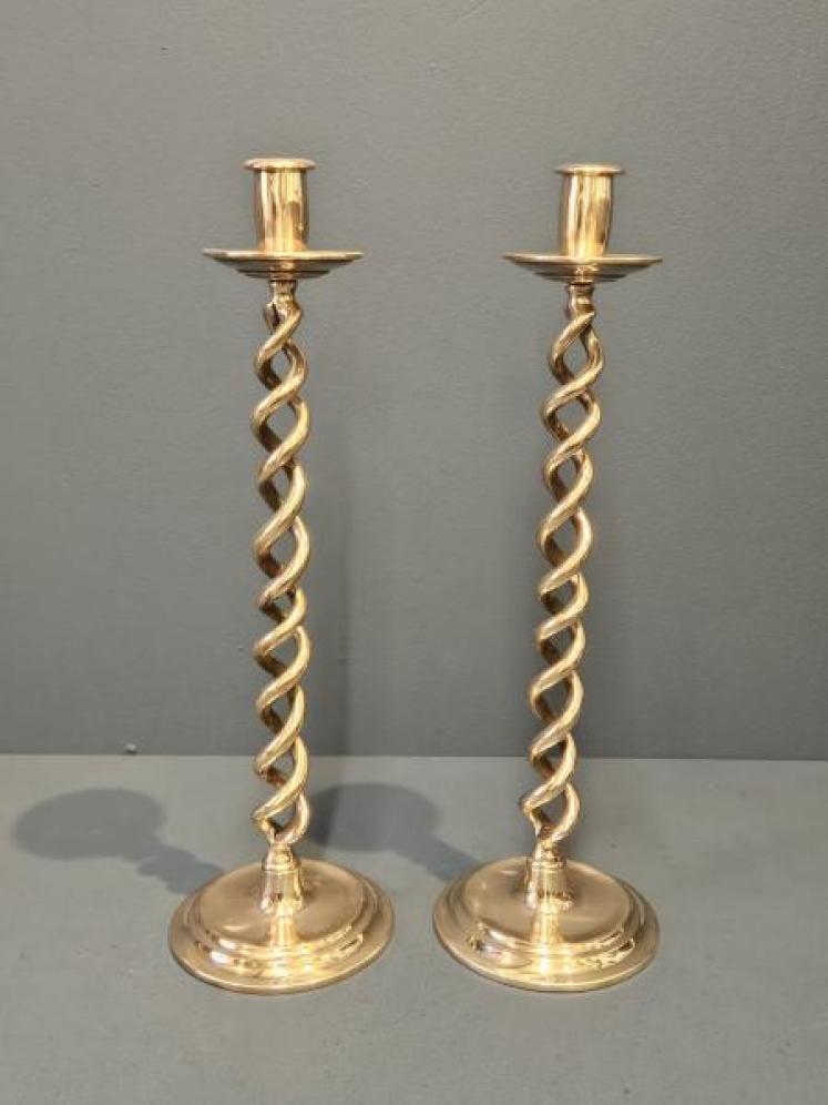 Pair of Victorian Polished Bronze Barley Twist Candlesticks  - Image 1
