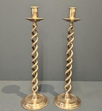 Pair of Victorian Polished Bronze Barley Twist Candlesticks 