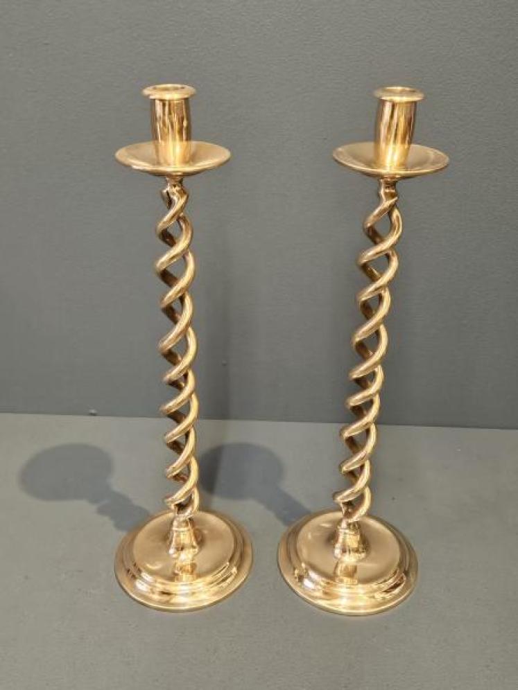 Pair of Victorian Polished Bronze Barley Twist Candlesticks  - Image 2