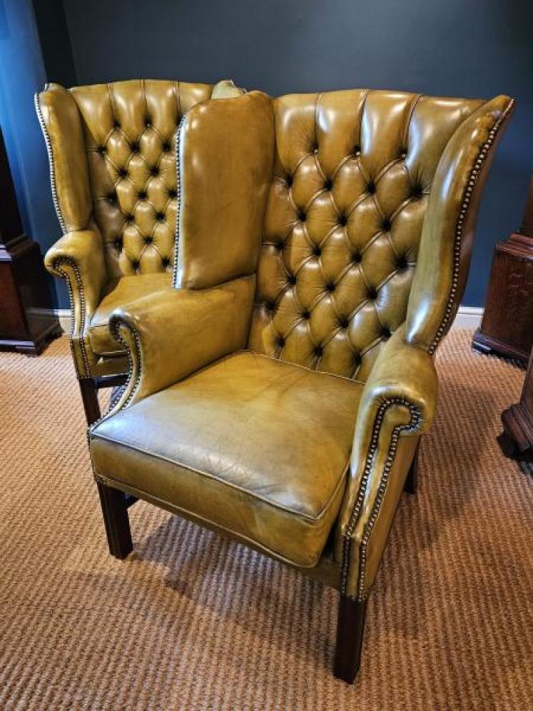 Matching Pair of Leather Wing Back Arm Chairs - Image 1