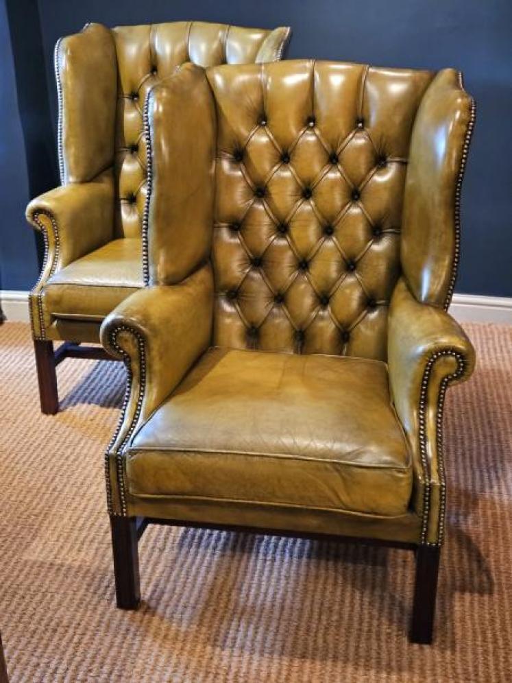 Matching Pair of Leather Wing Back Arm Chairs - Image 2