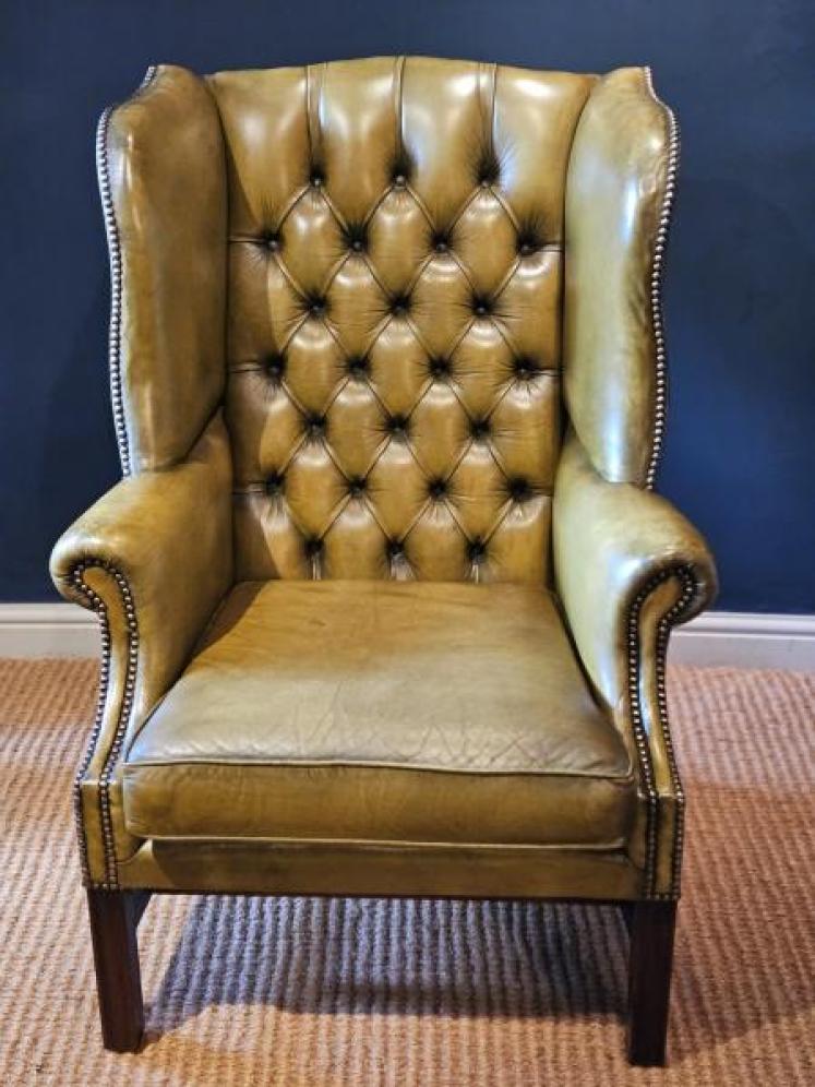 Matching Pair of Leather Wing Back Arm Chairs - Image 3