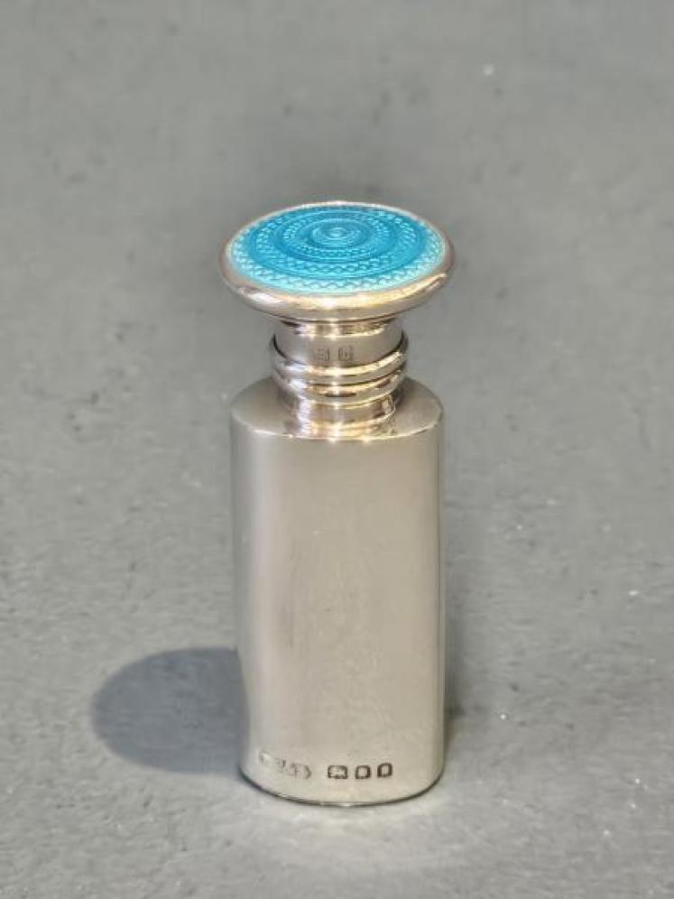 Silver and Turquoise Engine Turned Enamel Scent Bottle  - Image 1