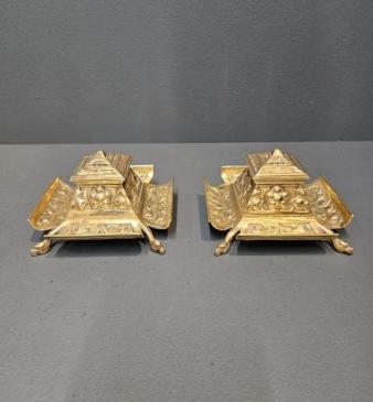 Matching Pair of Victorian Brass Ink Wells
