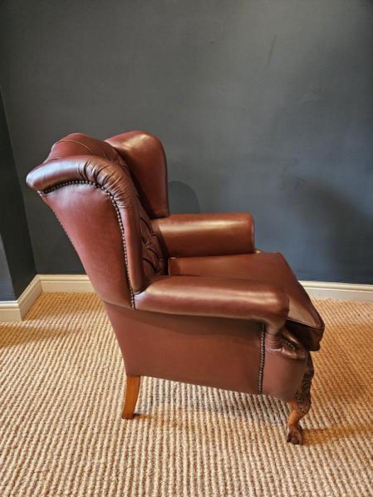 Pair of Carved Walnut Framed Leather Wing Back Arm Chairs - Image 2
