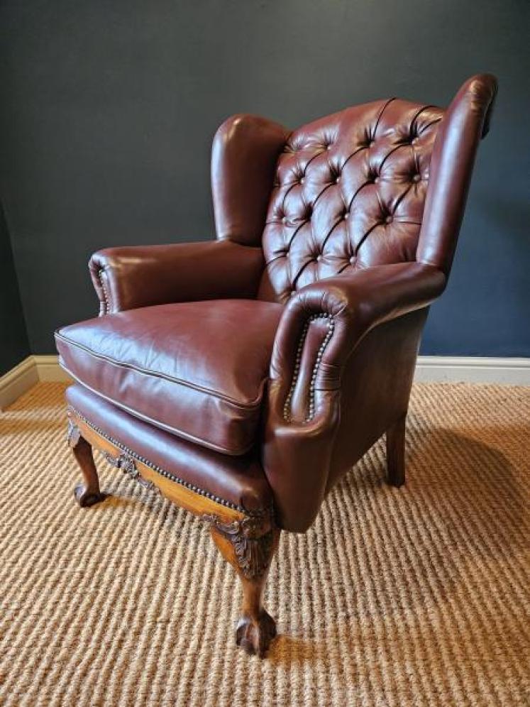 Pair of Carved Walnut Framed Leather Wing Back Arm Chairs - Image 3