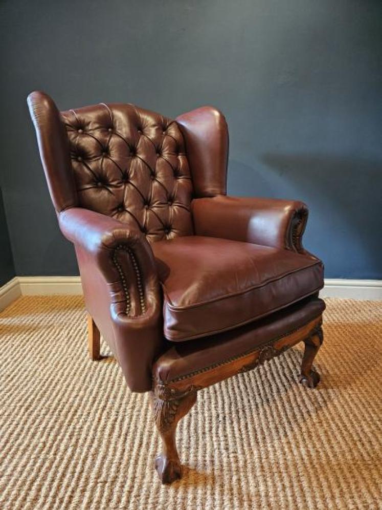 Pair of Carved Walnut Framed Leather Wing Back Arm Chairs - Image 4