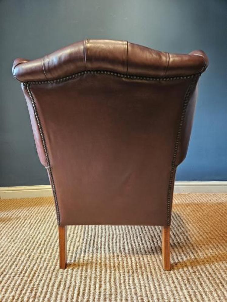 Pair of Carved Walnut Framed Leather Wing Back Arm Chairs - Image 5