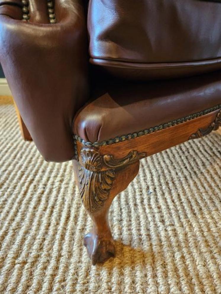 Pair of Carved Walnut Framed Leather Wing Back Arm Chairs - Image 6