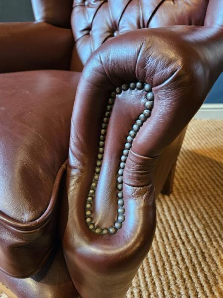 Pair of Carved Walnut Framed Leather Wing Back Arm Chairs - Image 7