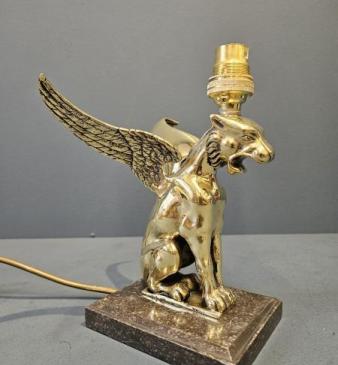 Edwardian Winged Lioness Brass Table Lamp