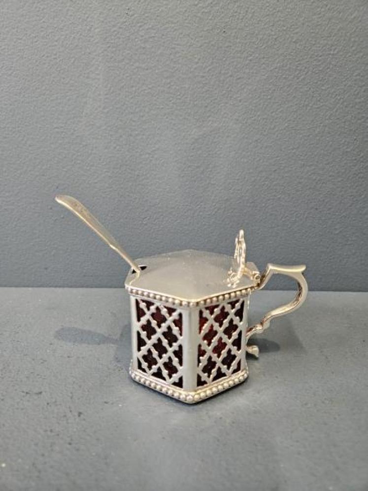Early Victorian Mustard Pot with Cranberry Liner - Image 1