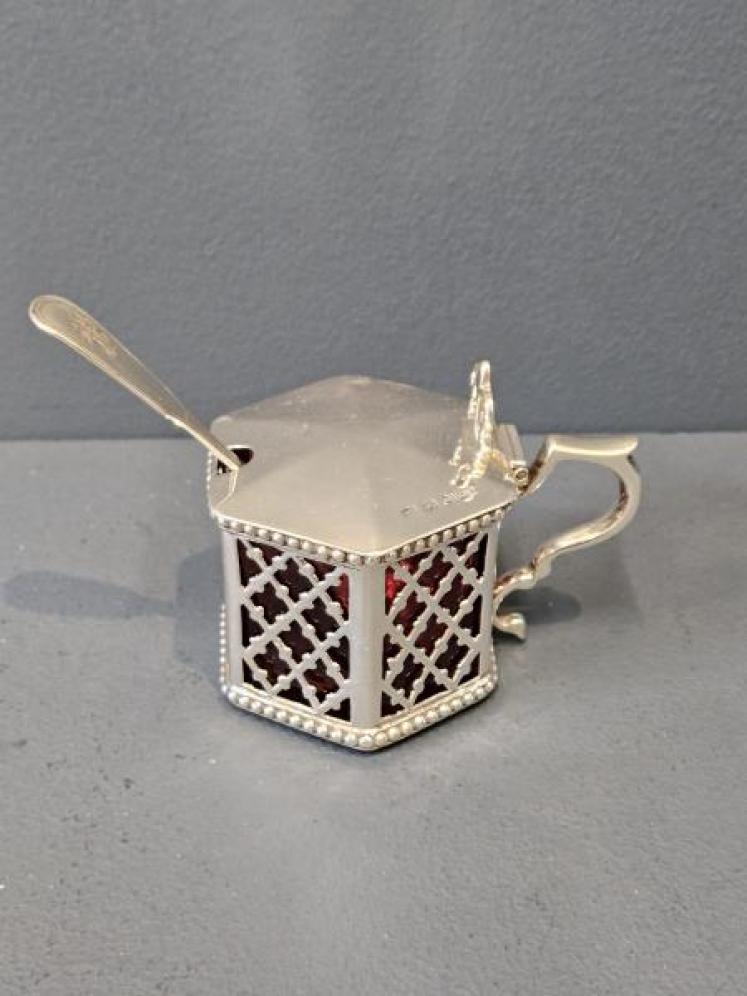 Early Victorian Mustard Pot with Cranberry Liner - Image 2