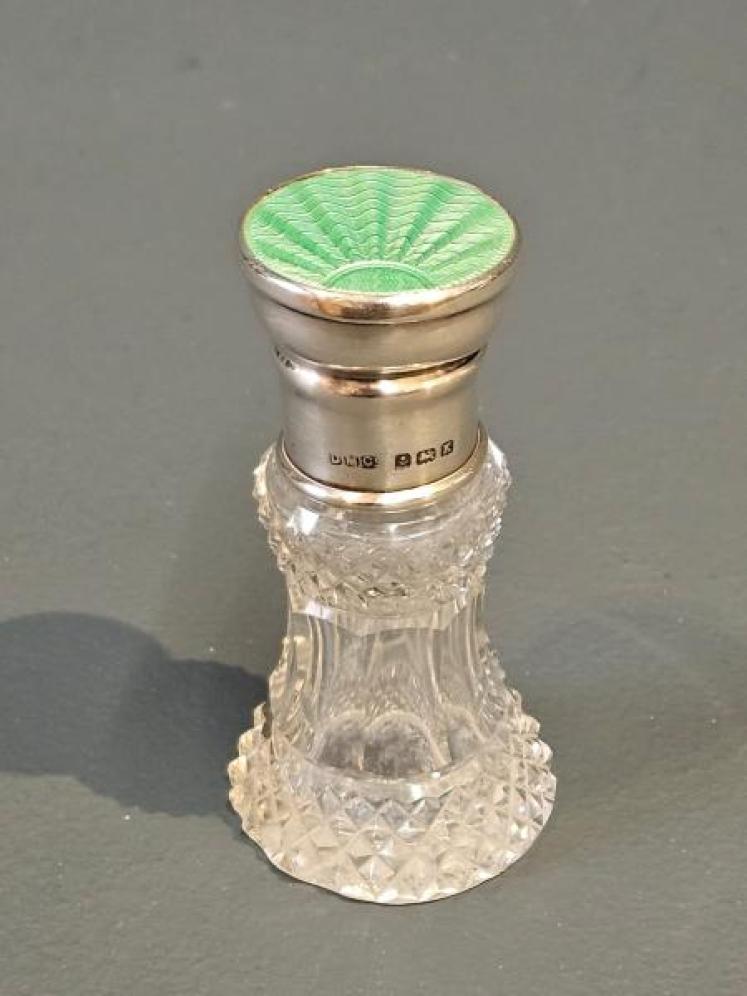 Silver and Emerald Green Enamel Crystal Scent Bottle - Image 1