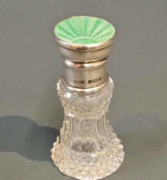 Silver and Emerald Green Enamel Crystal Scent Bottle