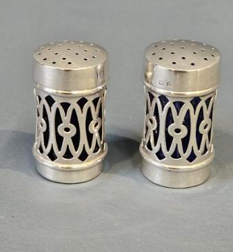 Pair of Victorian Silver and Bristol Blue Peppers