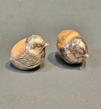 Pair of Sampson Mordan Silver Hatching Chick Pin Cushions