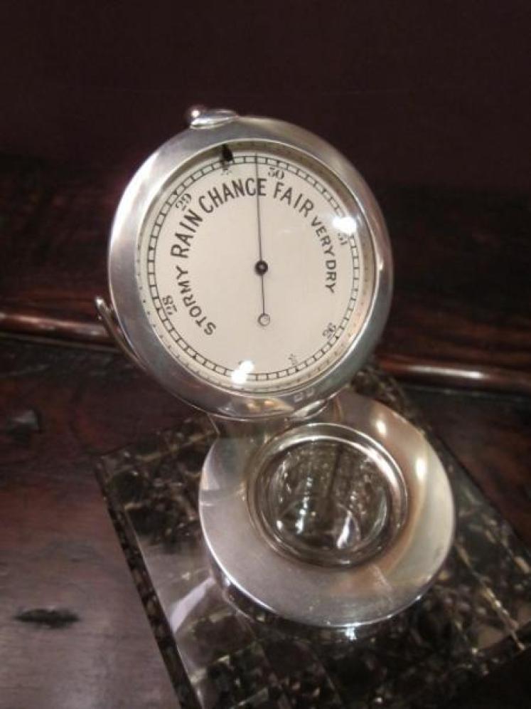 Very Rare Edwardian Silver Inkwell & Barometer - Image 3