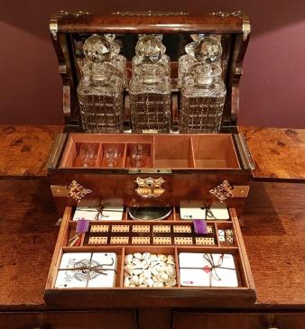 Superb Victorian Walnut Tantalus & Games Box