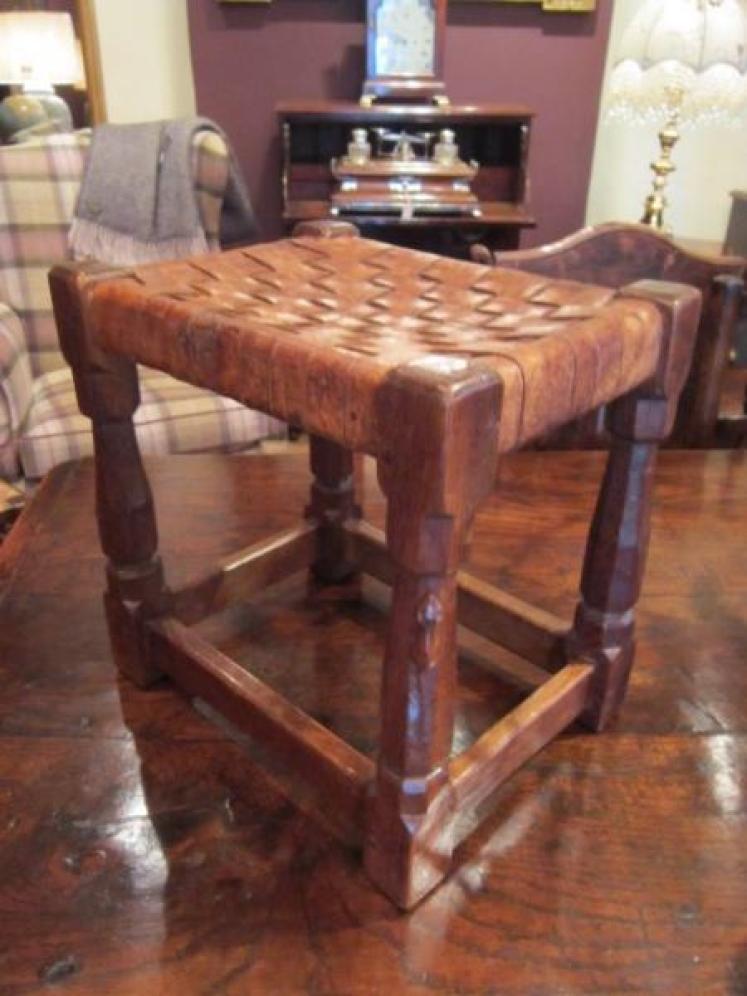 Early Mouseman Adzed Oak Leather Top Stool - Image 1