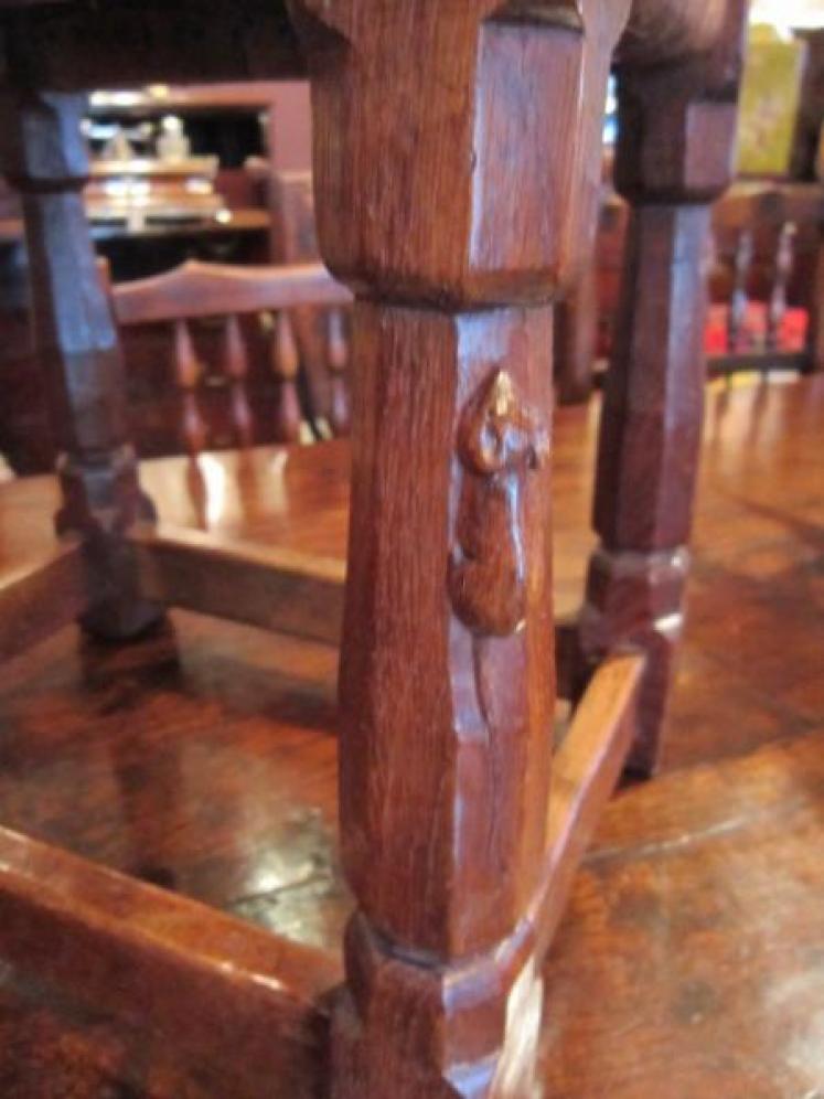 Early Mouseman Adzed Oak Leather Top Stool - Image 2