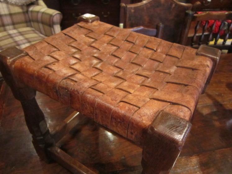 Early Mouseman Adzed Oak Leather Top Stool - Image 4