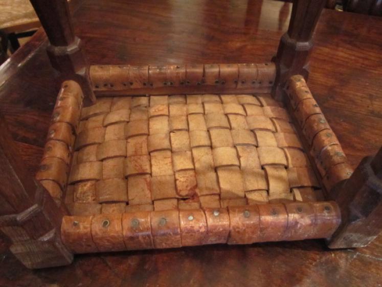 Early Mouseman Adzed Oak Leather Top Stool - Image 5
