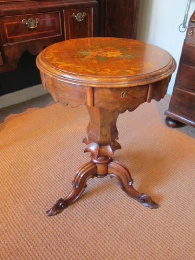 Early Victorian Walnut Fruitwood Inlaid Work Table - Image 1