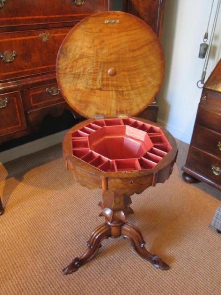 Early Victorian Walnut Fruitwood Inlaid Work Table - Image 4