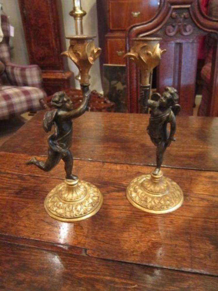 Pair of Mid Victorian Bronze Cherub Candlesticks - Image 1