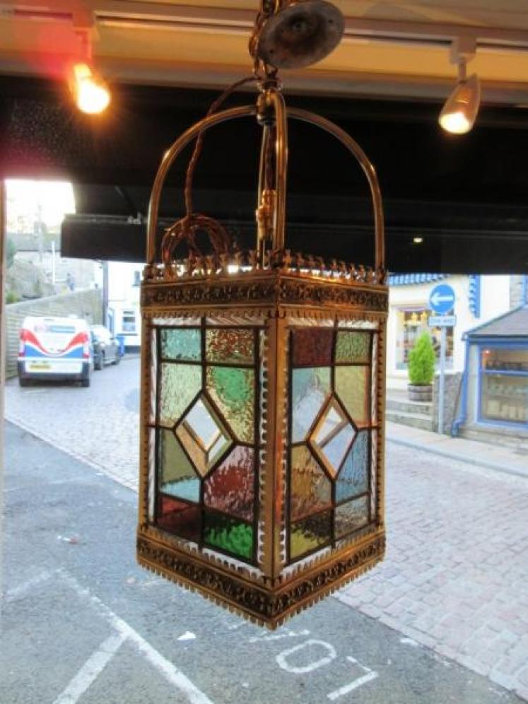 Victorian Leaded Coloured Glass Panel Hall Lantern - Image 1